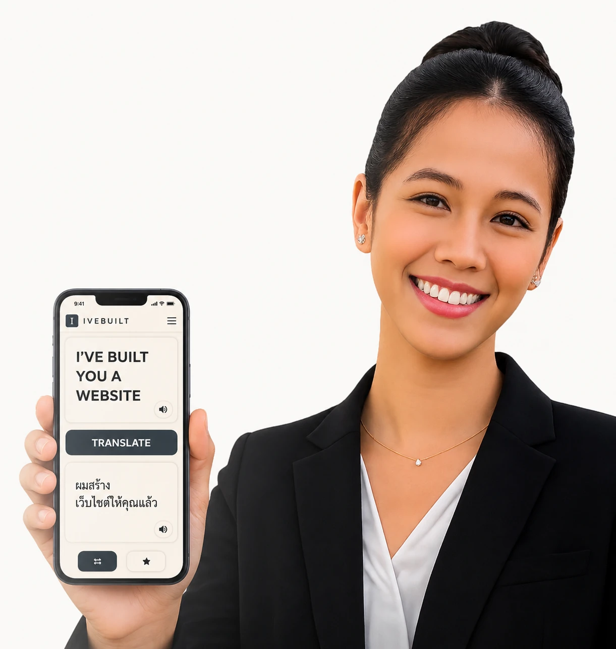 Woman holding iPhone displaying IVEBUILT translation interface
